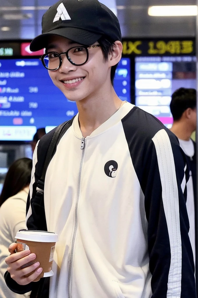 Vietnamese boy. He smiles, while being photographed by paparazzi. He wears a jogging suit and a cap with glasses. He is at the airport. His hair is black and well styled. He is tall and muscular and has light skin. ￼