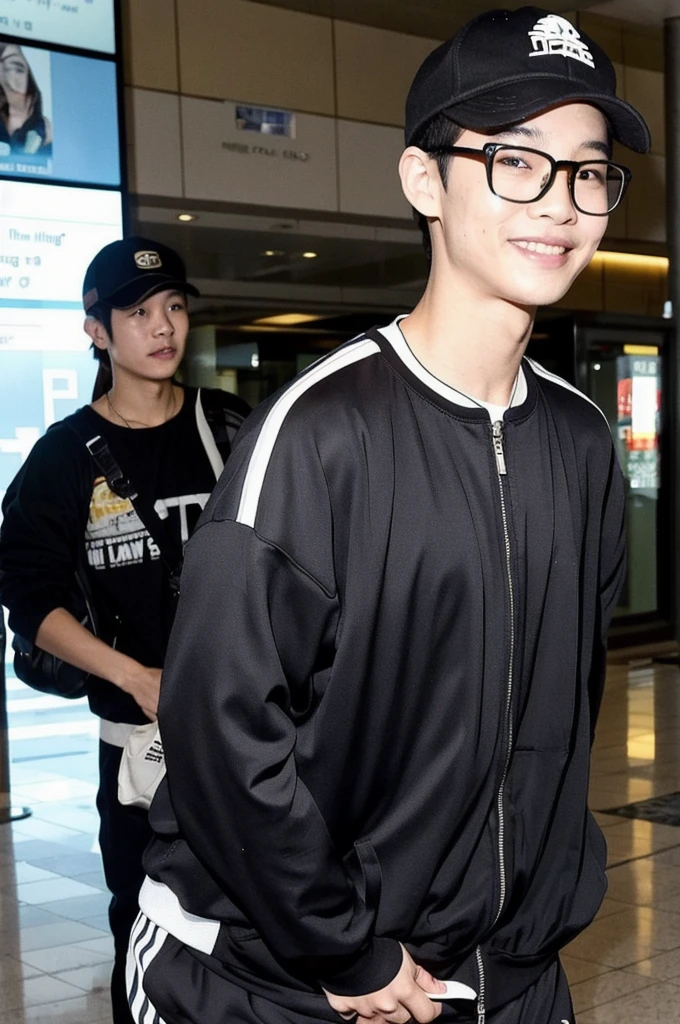 An Indonesian Malaysian boy has a big smile on his face, while standing at the airport and being photographed by paparazzi. He has a modern clothing style, black hair, world, yes also well styled he has dimples he is tall and waves short hair
