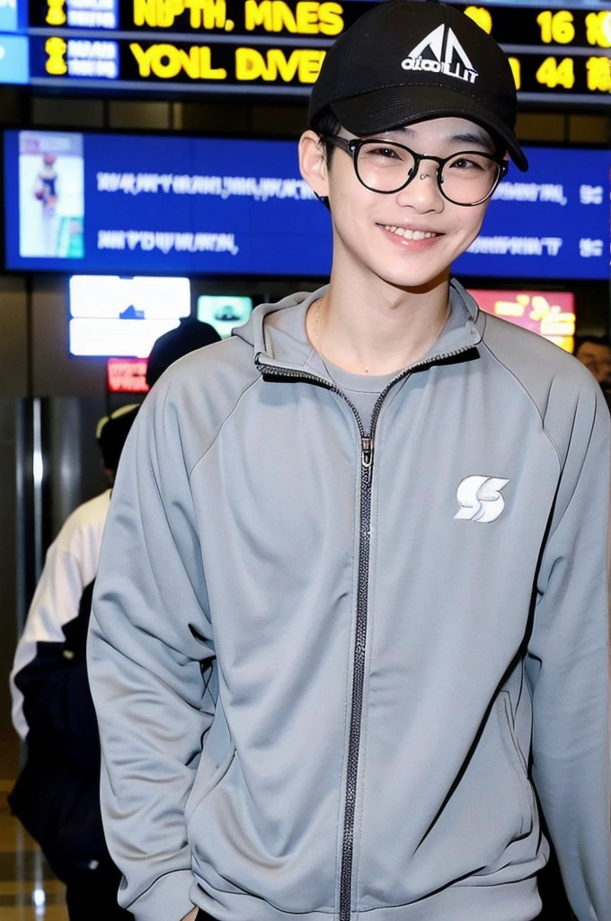 Vietnamese boy. He smiles, while being photographed by paparazzi. He wears a jogging suit and a cap with glasses. He is at the airport. His hair is black and well styled. He is tall and muscular and has light skin. ￼