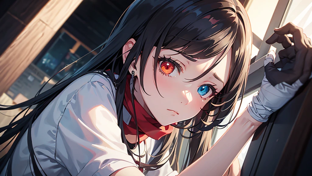 an adult female human. anime style. She has long, straight hair. Her bangs fall, covering her eyes, and her hair is white. She has sad eyes, she has heterochromia, one of her eyes is red and the other is silver. She has a cold and sad expression. She dresses in black rags and bandages, and has a red scarf. she looks at the viewer from a lower angle with coldness, sadness, but with an arrogance of indifference.