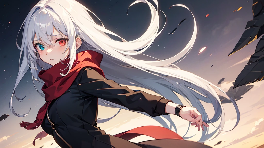 an adult female human. anime style. She has long, straight hair. Her bangs fall, covering her eyes, and her hair is white. She has sad eyes, she has heterochromia, one of her eyes is red and the other is silver. She has a cold and sad expression. She dresses in black rags and bandages, and has a red scarf. she looks at the viewer from a lower angle with coldness, sadness, but with an arrogance of indifference.