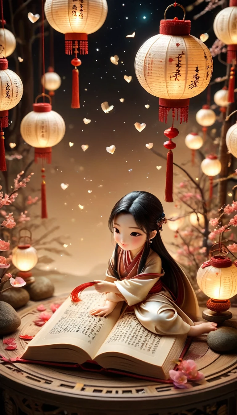 Three-dimensional ancient style,Romantic ancient style,Dark night shimmer,Elegant and simple,3 tiny people,Macro Photography,Suspension,Rolled up rice paper filled with calligraphy,High Angle Shot,Depth of Field,Bioluminescence,Chen Jia Leng,Quiet atmosphere,Fantastic,Exquisite details,Graphic illustration,Fluorescent Color,Anime Characters,Backlight,The book is very busy and the heart is shining,Beige tones,Concept Design,Decorative illustrations,Rich,Micro Rendering,Movie Light
