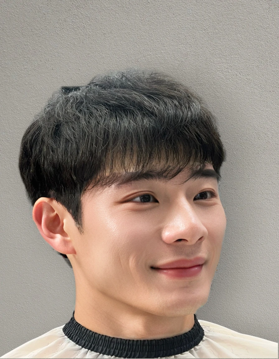 Best Quality, 8k, Masterpiece, (Portrait: 1.3), (photo realistic:1.4), (hyper realistic:1.4), Sharp Focus, looking at viewer, (smoother lighting:1.1), (increase cinematic lighting quality:0.9), realistic lighting, backlighting, light on face, ray trace, (brightening light:1.2), (Increase quality:1.4), sharp detail, (best quality real texture skin:1.4), finely detailed eyes, black_eyes, finely detailed face, 25 year old Korean man, smiling_face