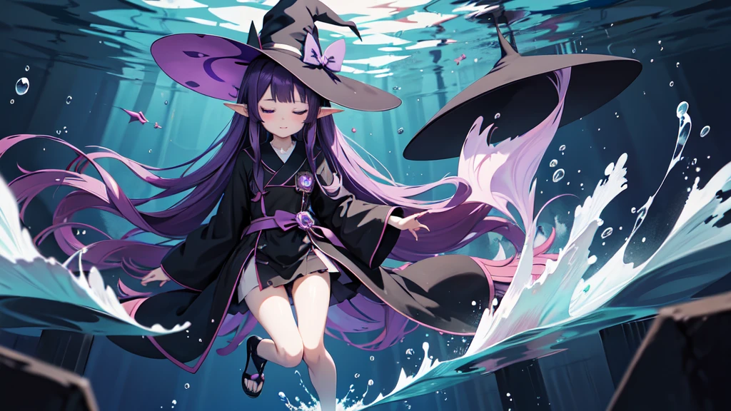 Anime girl. Long purple hair and black robe. Pointy ears. Witch hat. Cute cartoon. Illustration, one. Full body. High school student. Floating in water. Deep underwater. Underwater. Eyes closed.