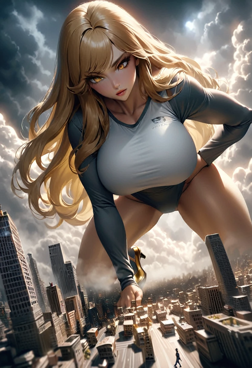 Giantess, White greek goddess clothing, gold high heels, toned and athletic body, massive strength, really big breasts, gold eyes, blonde long hair, gold jewellery, superior expression, strolling through a tiny city, smoke and clouds roil around her, epic scale and drama, dark gloomy lighting, realistic, tense and ominous atmosphere, majestic, powerful, goddess, perspective from below, hand on hip, looking downwards at a s,all human man in work clothing, bending downards to look at POV. Fullbody. 