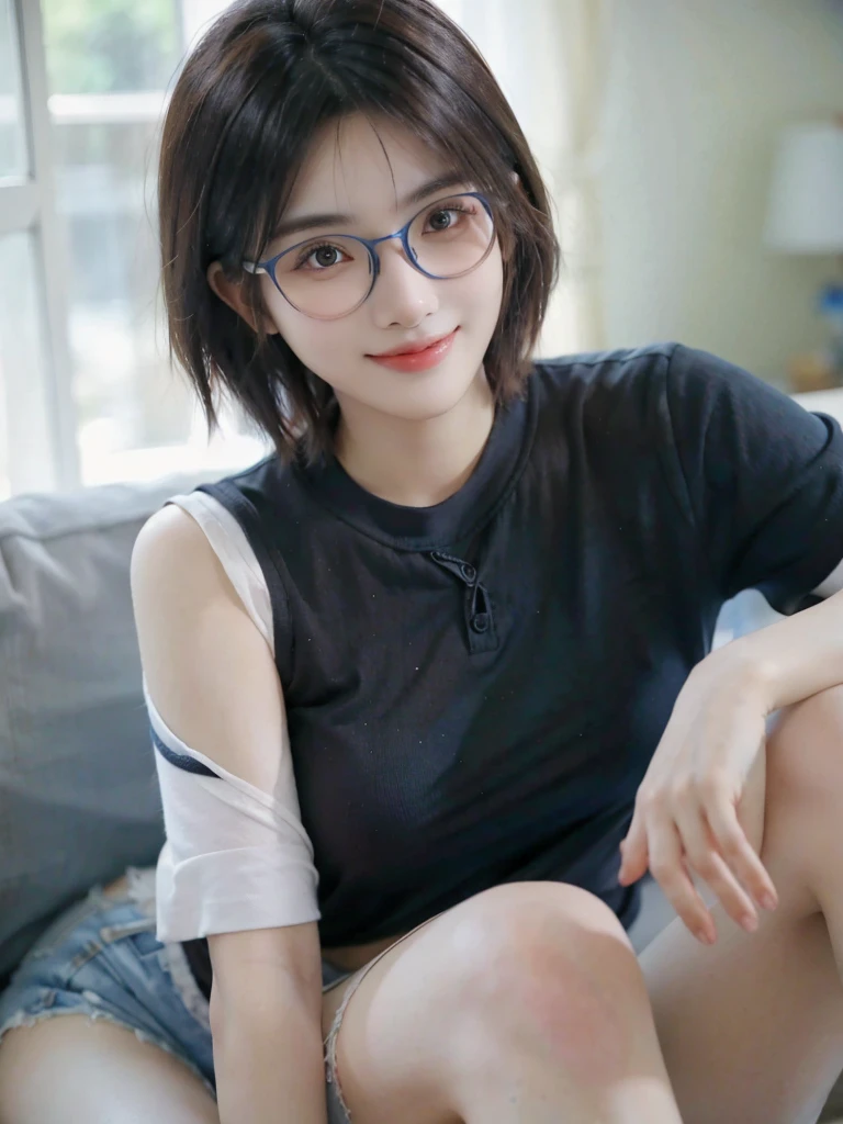 1 girl, round glasses, Big glasses, smile, looking at camera, messy short hair, dark skin, round eyes, blue shirt, black shorts, close up, magazine shoot, dynamic gesture