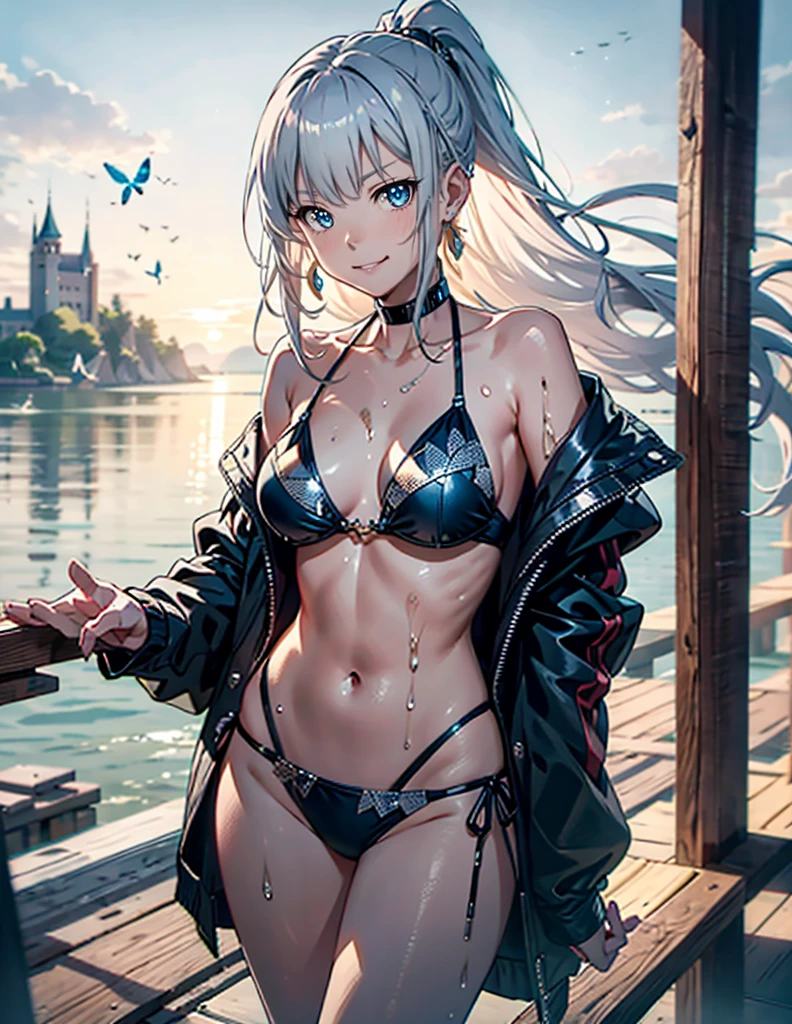 High resolution, masterpiece, accurate, Highest quality, Winner of numerous awards, High-resolution model,
Heavy bangs,Silver Hair,Wet Hair,Super long hair,ponytail,
slender,White skin,Sharp, thin eyebrows,smile,
Seaside,Western-style castle,
Butterfly Hair Ornament,Crystal Earrings,
Swimwear,Simple bikini,
Standing anime style,