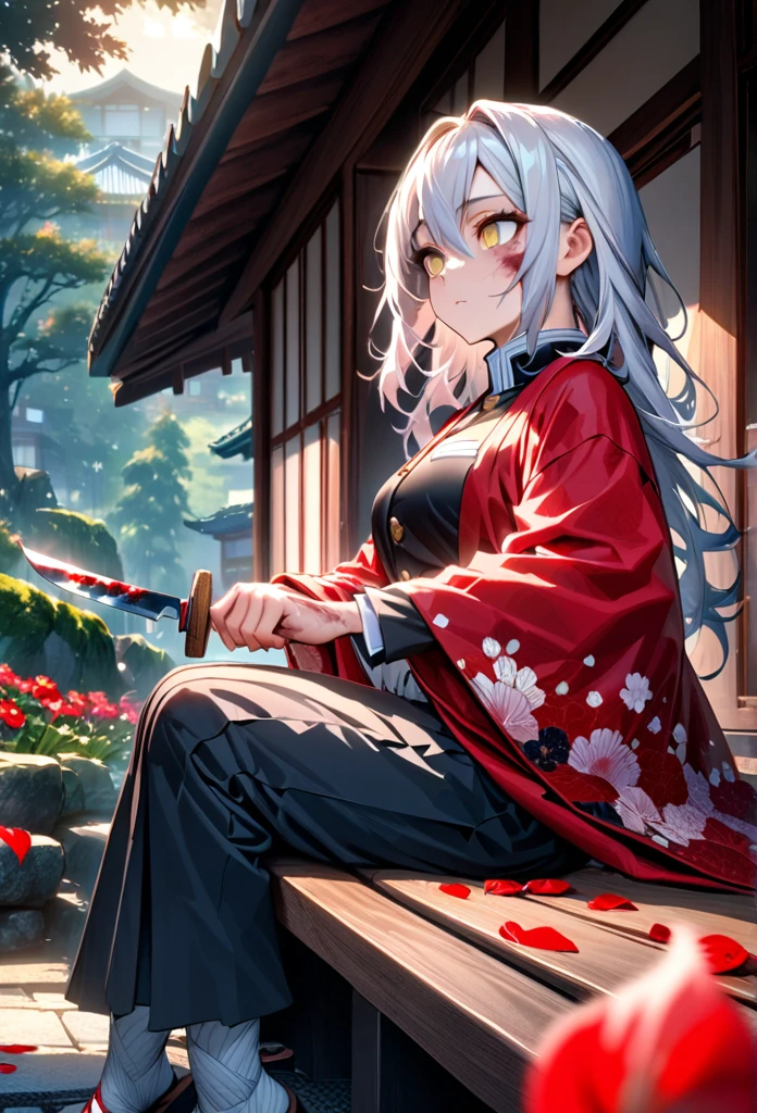 Ultra detailed, high resolution, absurd, HDR, masterpiece, anime girl, beautiful woman, long white hair with red streaks, expressive yellow eyes, red haori, black demon slayer uniform, wearing black pants,Kimetsu No Yaiba, fantasy , petals, red flowers, beautiful, woman sitting alone on a wooden bench, alone, afternoon, sun, forest next to a Japanese house, best quality, extremely detailed face and eyes, expressionless, apathetic, dark circles under the eyes, cutting the upper part of the forearm with a knife, painlessly, blood, deep cut on the forearm, clothing sleeves extended showing scars