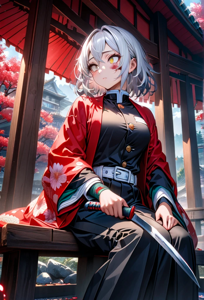 Ultra detailed, high resolution, absurd, HDR, masterpiece, anime girl, beautiful woman, long white hair with red streaks, expressive yellow eyes, red haori, black demon slayer uniform, wearing black pants,Kimetsu No Yaiba, fantasy , petals, red flowers, beautiful, woman sitting alone on a wooden bench, alone, afternoon, sun, forest next to a Japanese house, best quality, extremely detailed face and eyes, expressionless, apathetic, dark circles under the eyes, cutting the upper part of the forearm with a knife, painlessly, blood, deep cut on the forearm, clothing sleeves extended showing scars
