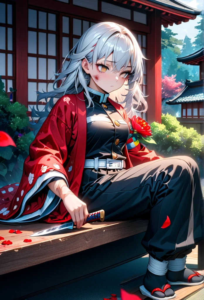 Ultra detailed, high resolution, absurd, HDR, masterpiece, anime girl, beautiful woman, long white hair with red streaks, expressive yellow eyes, red haori, black demon slayer uniform, wearing black pants,Kimetsu No Yaiba, fantasy , petals, red flowers, beautiful, woman sitting alone on a wooden bench, alone, afternoon, sun, forest next to a Japanese house, best quality, extremely detailed face and eyes, expressionless, apathetic, dark circles under the eyes, cutting the upper part of the forearm with a knife, painlessly, blood, deep cut on the forearm, clothing sleeves extended showing scars
