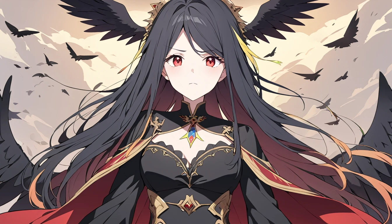 Woman, caucasiana, red eyes, expressive face, overhanging, loose black hair, bust image, black armor with gold detail, flying over, fallen angel with black wings, purgatory background.