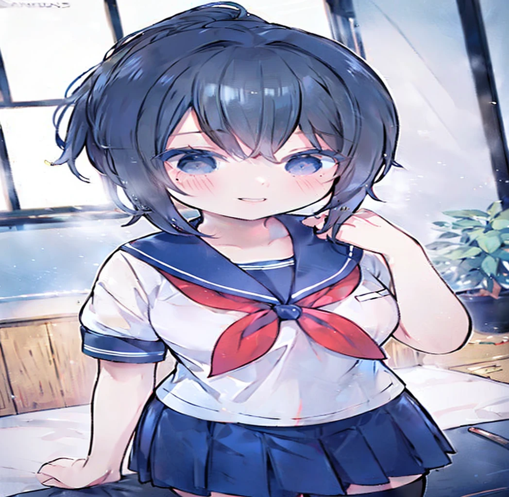 masterpiece, best quality, mature female, solo, 1girl, ayano, black_hair,  grey_eyes,  ponytail, school_uniform, thighhighs, looking at viewer, delicate, light smile,  serafuku, blue sailor collar, white sailor shirt, red neckerchief, short sleeves, blue pleated skirt, black shoes,  delicate, ethereal, beautiful, skirt,short sleeves,looking at viewer, high-definition,masterpiece,best quality, masterpiece, best quality, high resolution, aabeta, double, standing, slim waist, cute, sailor uniform, close up selfie with peace pose (PastelColors: 1.3), white simple backhround