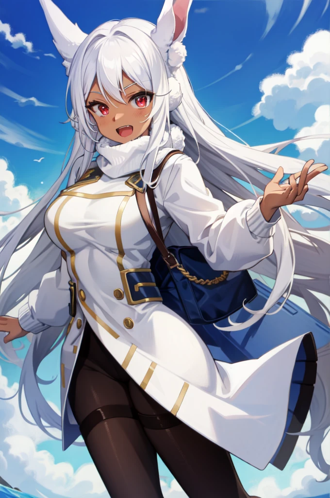 mirko mha, dark-skinned female, turtleneck sweater, large breasts, blush, white sweater, 1girl, rabbit girl, red eyes, turtleneck,  ribbed sweater, smile, animal ears,  long sleeves, rabbit ears, sweater, looking at viewer, solo, white hair, long hair, open mouth, very long hair, dark skin, thighs, teeth