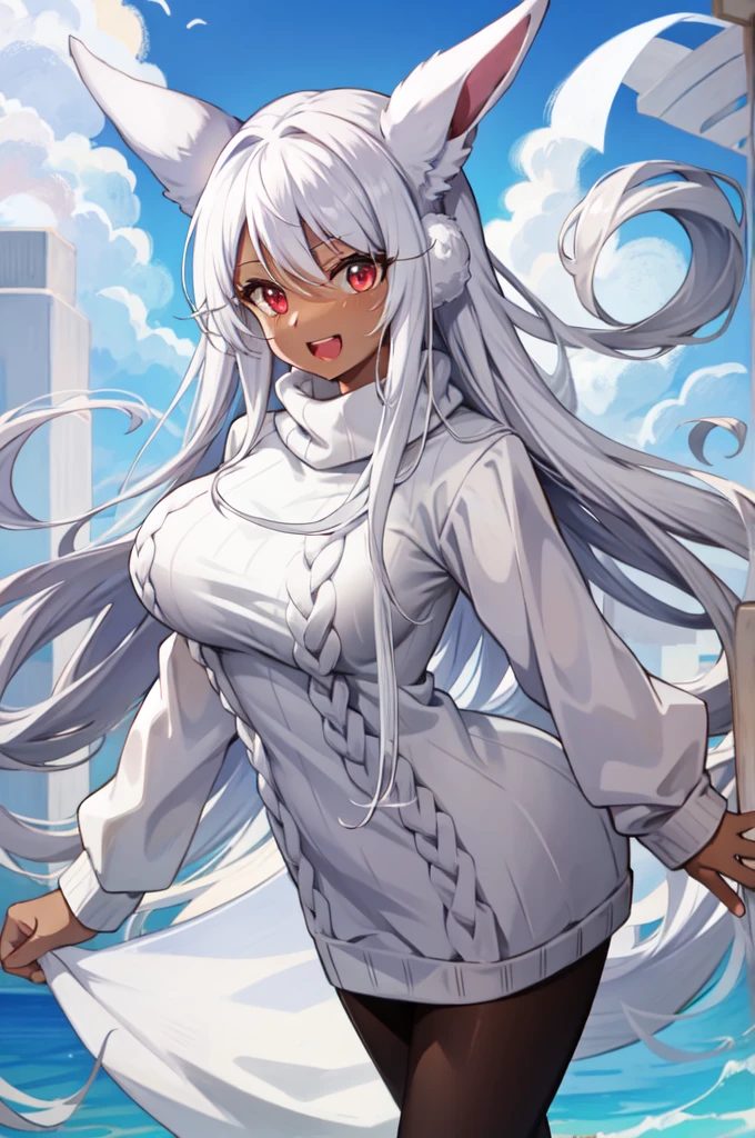 mirko mha, dark-skinned female, turtleneck sweater, large breasts, blush, white sweater, 1girl, rabbit girl, red eyes, turtleneck,  ribbed sweater, smile, animal ears,  long sleeves, rabbit ears, sweater, looking at viewer, solo, white hair, long hair, open mouth, very long hair, dark skin, thighs, teeth