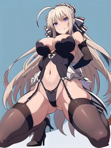 prison, ((from below)), ((full body)), (( black high heels focus)), femdom, dominatrix, ((looking at viewer)), female standing, evil grin, bare shoulders, black bustier, black stockings, black g-string, black high heels, black garter belt, black elbow gloves, 独奏, foot focus,
One girl, Long Hair, Purple eyes, chest, Ahoge, very Long Hair, large breasts, ribbon, hair ribbon, ponytail, bangs,