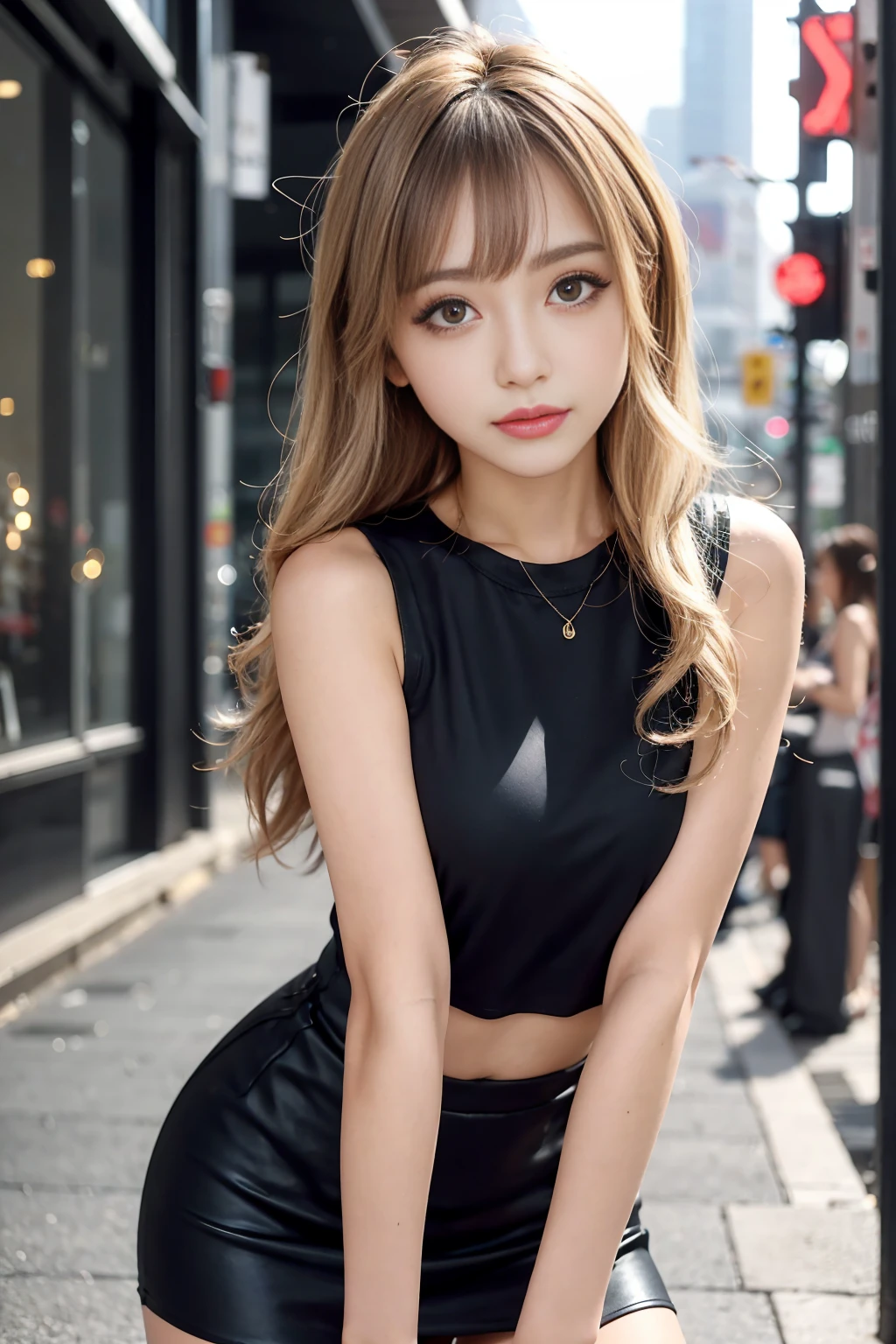Generate a close-up image of a cute Japanese gal gazing at you with a seductive expression。She is wearing a sleeveless top and a tight mini skirt.、like々It emphasizes a stylish look.。Hair is a trendy color(For example, light brown or blonde)Dyed by、It has loose and playful waves.。The background is a vibrant urban setting featuring softly blurred colorful lights.、It highlights her features。The makeup is perfect and in line with the latest trends.、Particular emphasis is placed on the eyes and lips to bring out her charm.。Confident、She has a slightly mysterious look、It exudes charm and playfulness.。The sleeveless top and mini skirt fit her perfectly.、Showing off her curves and fashionable style、Make sure to keep the look modern and attractive。