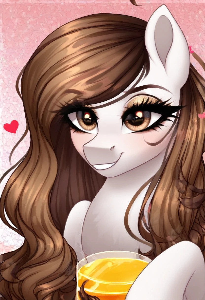 Pony with brown hair with light highlights, honey brown eyes, long eyelashes, heart symbol, White fur 
