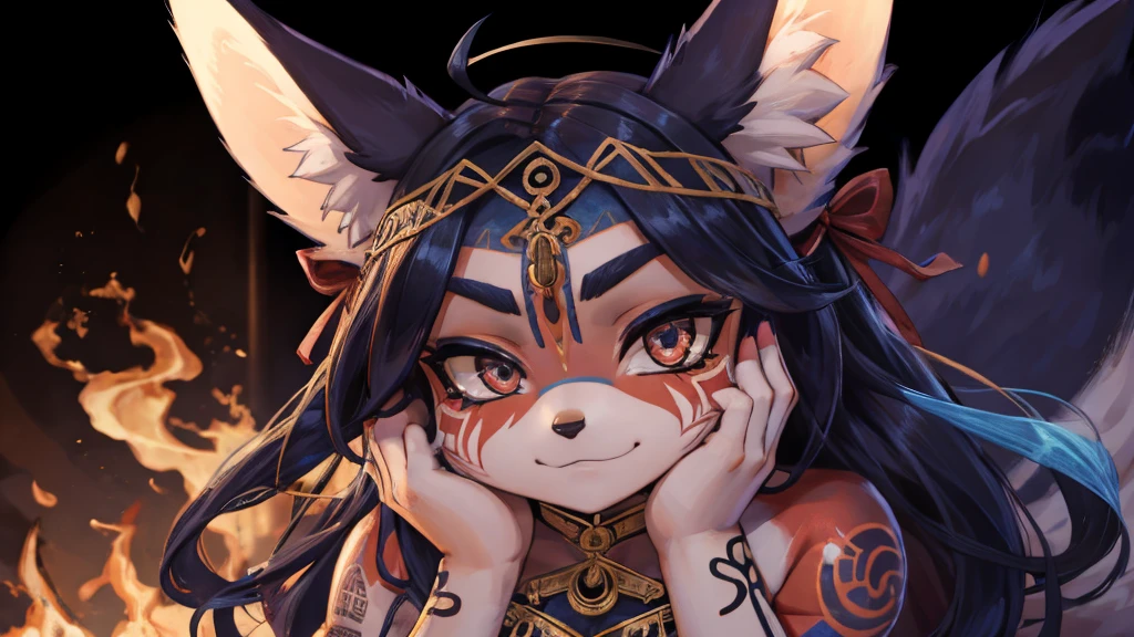 The best definition,(1 ager) High Definition, kitsune ears, tribal tattoo, flirty girl, Small breasts add_detail, magician girl add_detail, sensual pose, horny girl, with a sarcasm expression he puts his hands to his face with a mischievous expression he adds_detail, detailed pupils, deep blue color add_detail:1, full body sensual pose