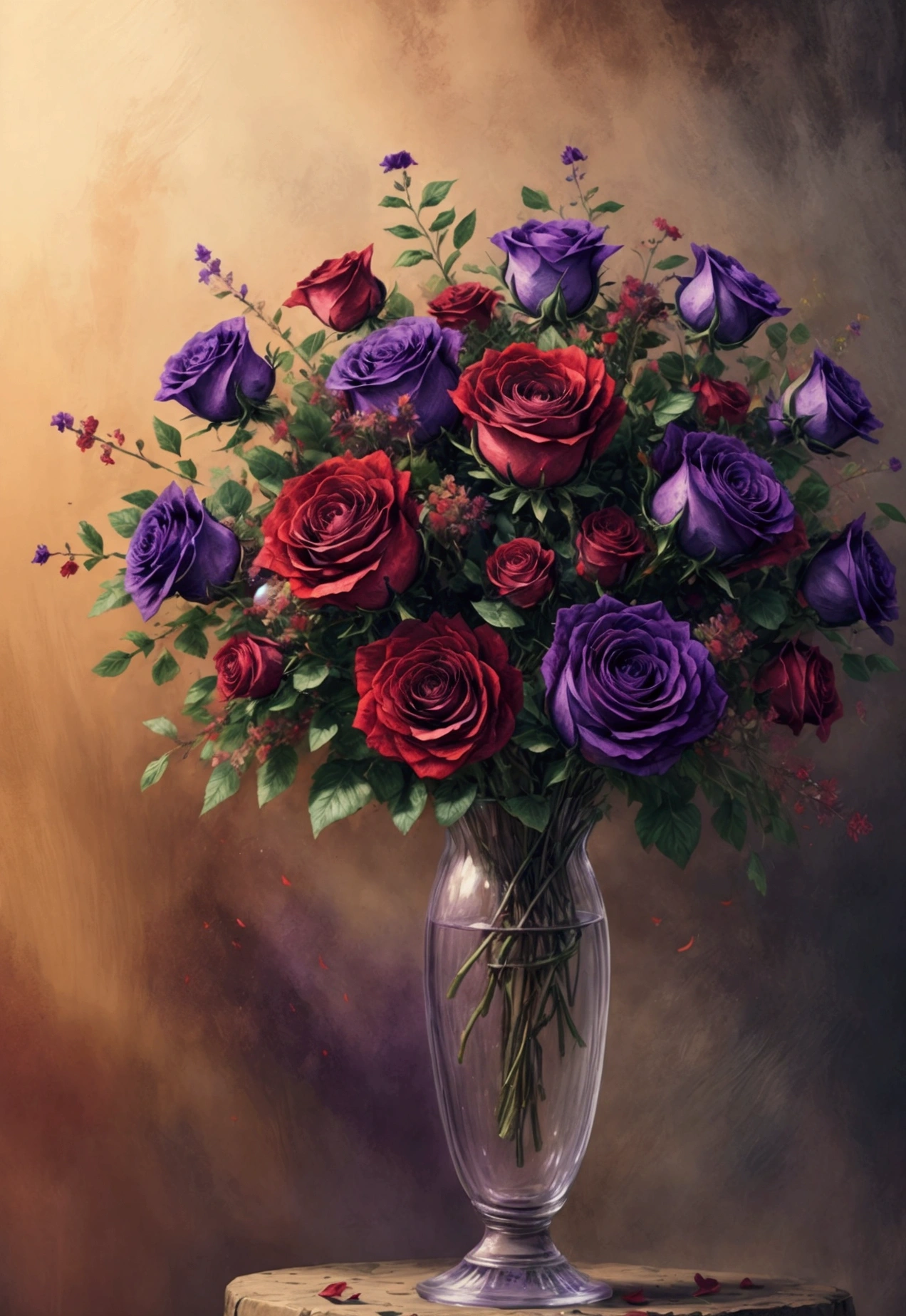a field of beautiful purple and red roses flowers,detailed floral arrangements, intricate petal textures, vibrant colors, natural lighting, cinematic composition, ethereal atmosphere, dreamlike quality, seamless integration, harmonious blend, photorealistic, highly detailed, 8k, best quality