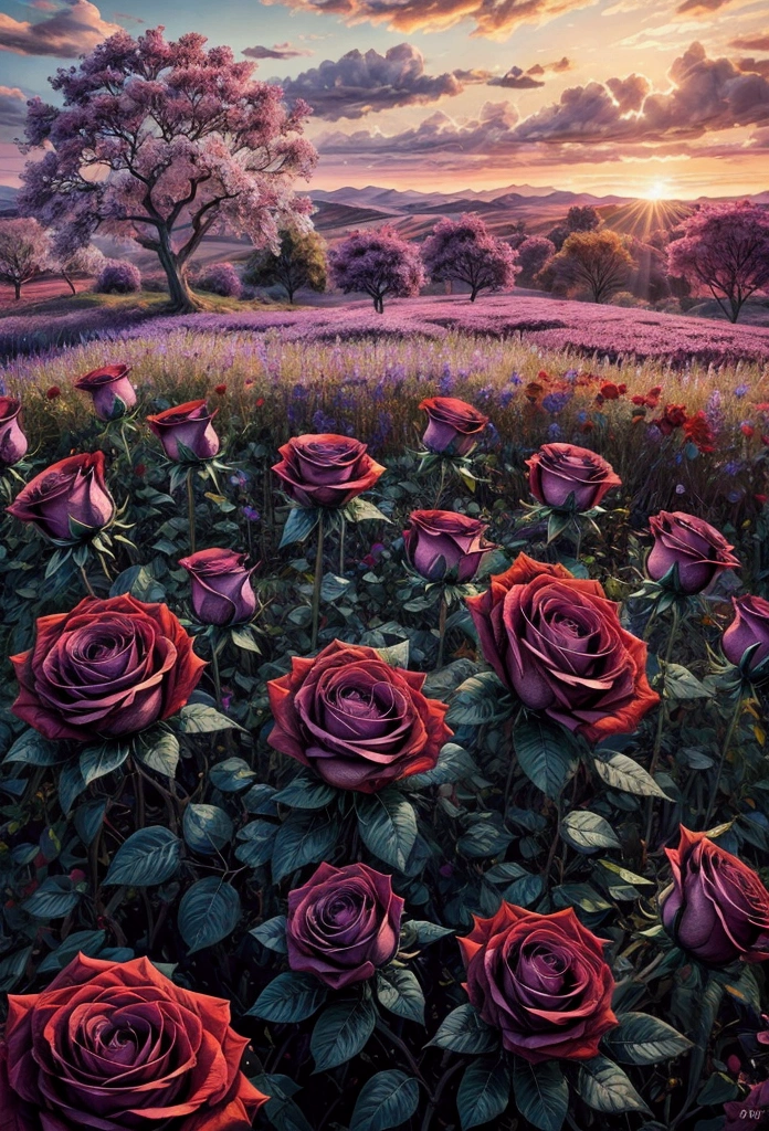 a field of beautiful purple and red roses flowers,detailed floral arrangements, intricate petal textures, vibrant colors, natural lighting, cinematic composition, ethereal atmosphere, dreamlike quality, seamless integration, harmonious blend, photorealistic, highly detailed, 8k, best quality