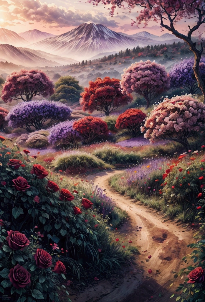 a field of beautiful purple and red roses flowers,detailed floral arrangements, intricate petal textures, vibrant colors, natural lighting, cinematic composition, ethereal atmosphere, dreamlike quality, seamless integration, harmonious blend, photorealistic, highly detailed, 8k, best quality