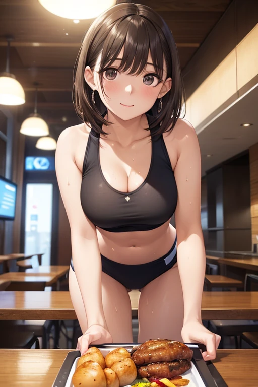 anegasaki nene、Shiny brown hair, short hair, (Beautiful brown eyes、Sparkling eyes, Fine grain)、smile、Ultra-detailed eyes、Highly detailed face, Highly detailed eyes,

(((超High resolution, retina, Highest quality, Super Detail, High resolution, 16K))), (((Anatomically correct))), software, ((woman)), On the table, Wearing white, ((sports tube top, Sportswear)), 
alone, 成熟したwoman, 
, Upward glance, Long eyelashes, Thin eyebrows, Beautiful and delicate eyes, Very fine eye, Extremely realistic eyes, Perfect Face, Highly detailed faceのディテール, Random Expressions, Sweat, Medium large breasts, Beautiful clavicle, Healthy Skin, Textured skin, 
, (((Anatomically correct))), Earrings, compensate, Perfect hands, (Delicate fingers), Beautiful long legs, Perfect legs,  whole body, Cinema Lighting, Barbecue restaurant in the background, night, Beer , Online Barbecue, Baked potatoes, hamburger, 