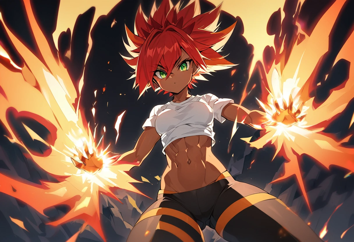 a girl, Saiyan, super saiyan, strong and spiky red hair, green eyes, defined muscles, thin waist, wide hips, dark skin, medium breasts, tight clothes, white t-shirt, black pants, hot red aura around her, heat emanating , generating enormous energies from his hands, with a huge red aura around
