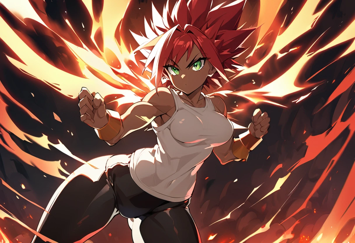 a girl, Saiyan, super saiyan, strong and spiky red hair, green eyes, defined muscles, thin waist, wide hips, dark skin, medium breasts, tight clothes, white t-shirt, black pants, hot red aura around her, heat emanating , making powerful energy with both hands, with a huge red aura around
