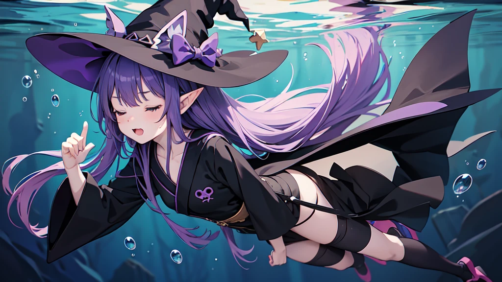 Anime girl. Long purple hair and black robe. Pointy ears. Witch hat. Cute cartoon. Illustration, one. Full body. High school student. Floating in water. Deep underwater. Underwater. Eyes closed.