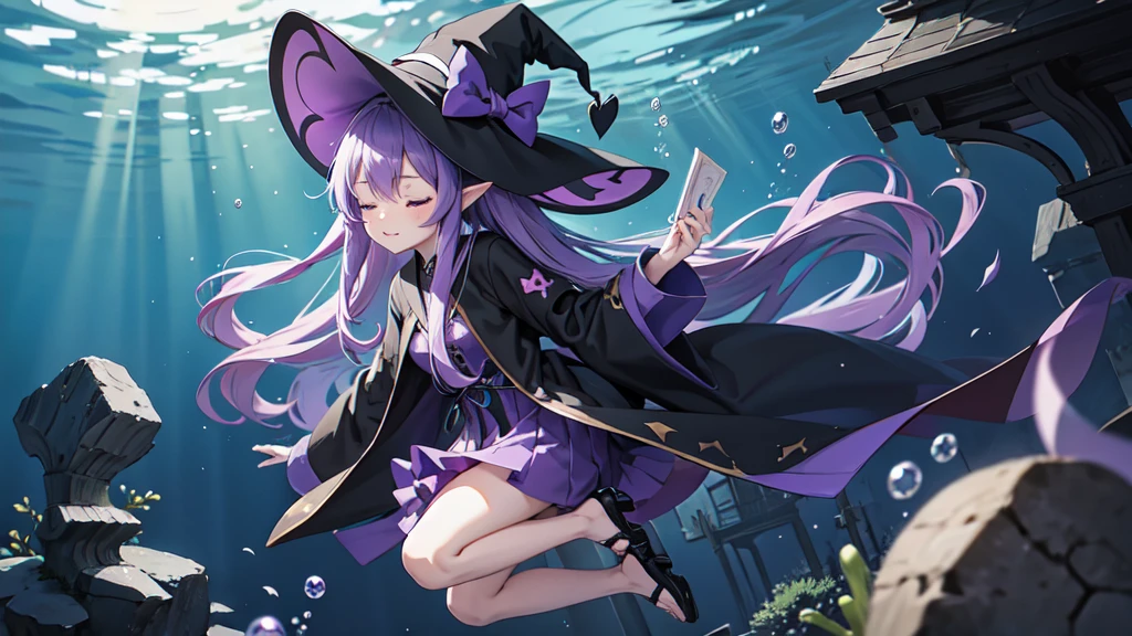 Anime girl. Long purple hair and black robe. Pointy ears. Witch hat. Cute cartoon. Illustration, one. Full body. High school student. Floating in water. Deep underwater. Underwater. Eyes closed.
