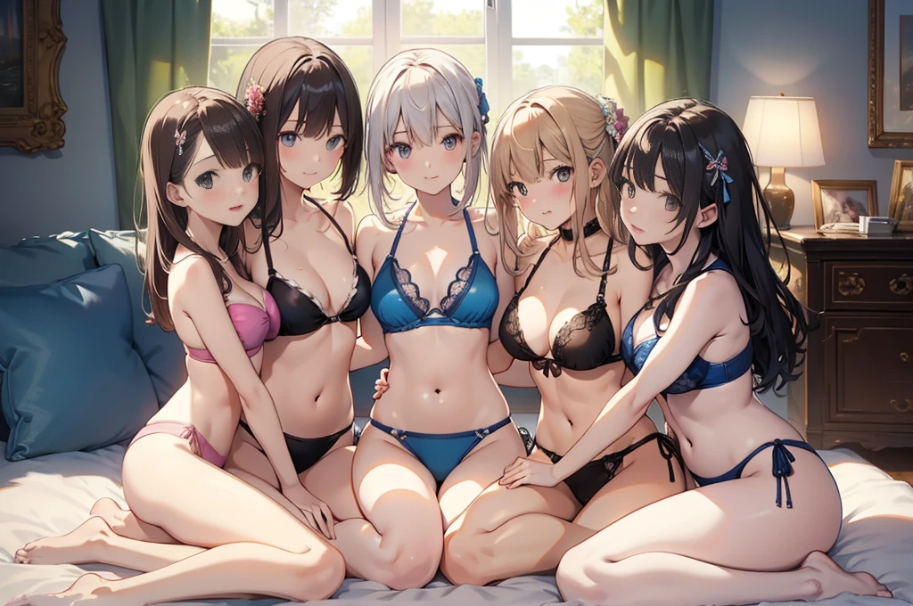 (Highest quality、detailed、masterpiece、8K)、(Five pretty women hugging each other)、slender、Colorful Bikinis、Sitting on the bed