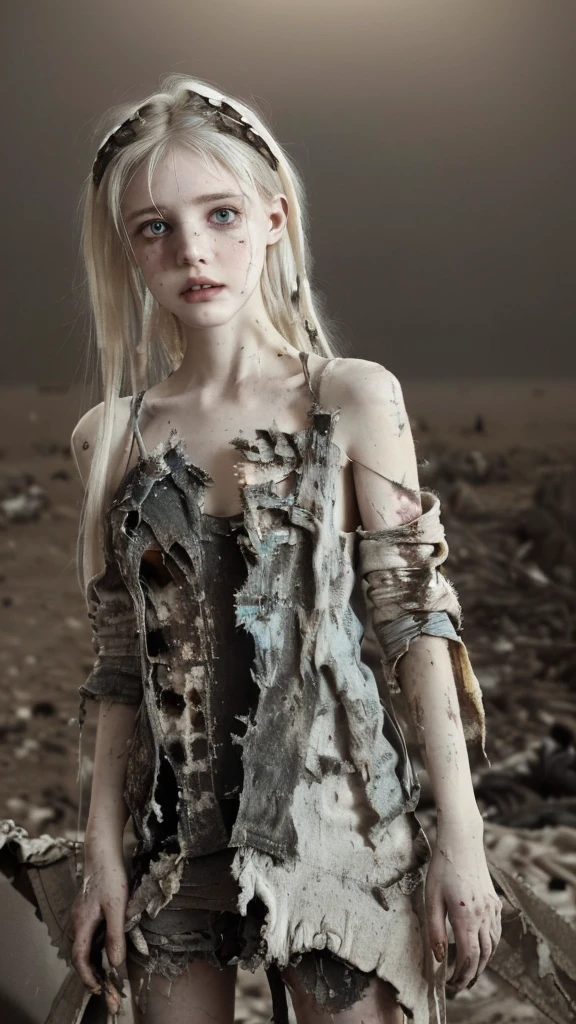 War ruins, (Pale girl:1.4), (standing on the edge of death:1.5), ((In tattered and tattered clothes:1.4, Dirty body:1.4)), beautiful girl, Young face, Highest quality, 8ก, Masterpiece, (Detailed eyes and face:1.3), (detailed hands), Professional photography techniques, movie theater lighting, (tears from eyes), ((dying expression:1.3))