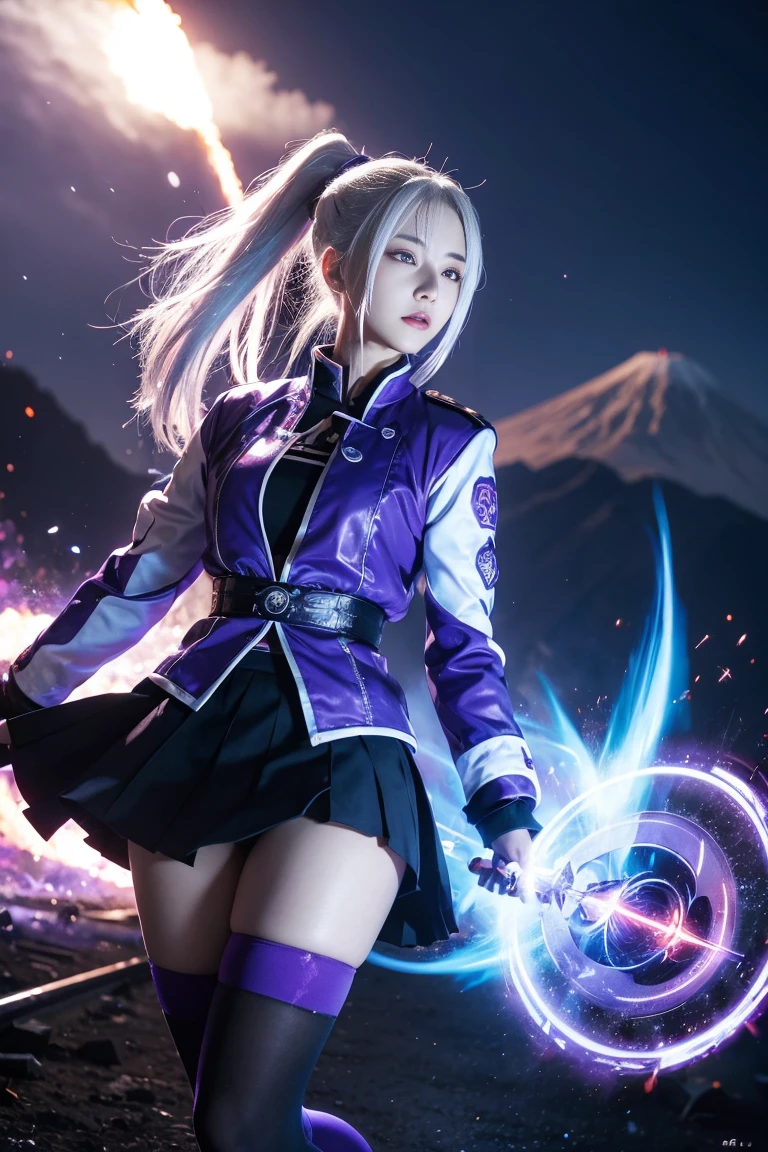 1girl, japanese clothes, ponytail ,white hair, purple eyes, magic circle, blue fire, blue flames, wallpaper, landscape, blood, blood splatter, depth of field, night, light particles, light rays, sidelighting, thighs, fate \(series\), genshin impact, ****, open jacket, skirt, thighhighs, cloud