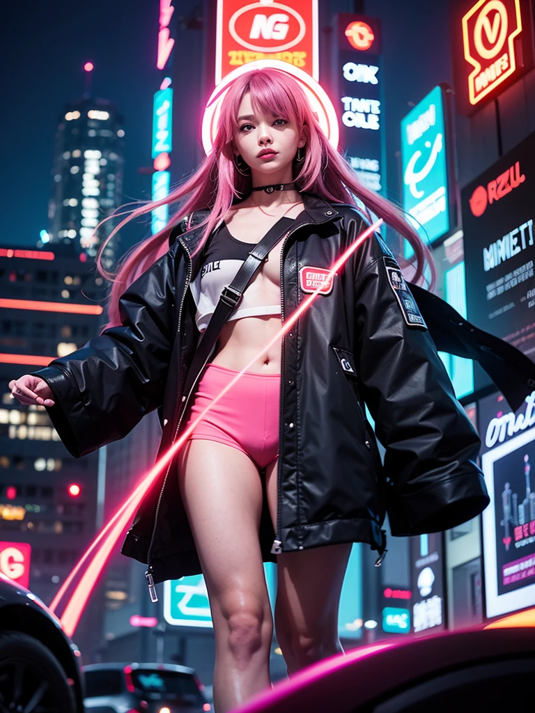 Create image poster concepts Cyberpunk Manga Madness Poster
Background: A bustling cyberpunk cityscape with towering skyscrapers, neon signs, and holographic projections of burgers and fries casting colorful glows in shades of neon blue, purple, and pink.

Character: In the center of the poster, a young woman with vibrant pink hair and large, glowing eyes in a cyberpunk manga style. She is depicted taking a big bite out of a digital-rendered burger, displaying a look of pure enjoyment and excitement.

Fast Food Imagery: Around the character, floating holographic projections of various futuristic fast food items:

Digital pizza slices with glowing toppings
Holographic onion rings emitting digital steam
Neon-lit milkshakes with swirling colors
Typography:

Bold, glowing red "Fast Food Frenzy!" heading with digital effects, placed prominently at the top of the poster.
Floating speech bubble with animated "Get Your Grub On!" tagline in futuristic font, positioned near the character to emphasize the theme.
Color Scheme: Vibrant and electric palette with neon blues, purples, pinks, and digital greens, creating a visually striking cyberpunk atmosphere.

Additional Elements:

Floating holographic icons of a digital ketchup bottle, soda cup, and high-tech chef hat scattered strategically around the poster to enhance the futuristic theme.
Final Touches: Ensure the layout is dynamic and balanced, with enough space for the manga character to stand out amidst the vibrant cyberpunk environment. Incorporate digital effects and neon glows to reinforce the futuristic aesthetic.