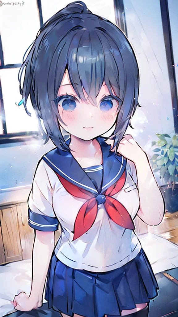 masterpiece, best quality, mature female, solo, 1girl, ayano, black_hair,  grey_eyes,  ponytail, school_uniform, thighhighs, looking at viewer, delicate, light smile,  serafuku, blue sailor collar, white sailor shirt, red neckerchief, short sleeves, blue pleated skirt, black shoes,  delicate, ethereal, beautiful, skirt,short sleeves,looking at viewer, high-definition,masterpiece,best quality, masterpiece, best quality, high resolution, aabeta, double, standing, slim waist, cute, sailor uniform, close up selfie with peace pose (PastelColors: 1.3)