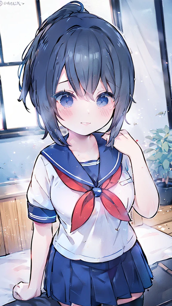 masterpiece, best quality, mature female, solo, 1girl, ayano, black_hair,  grey_eyes,  ponytail, school_uniform, thighhighs, looking at viewer, delicate, light smile,  serafuku, blue sailor collar, white sailor shirt, red neckerchief, short sleeves, blue pleated skirt, black shoes,  delicate, ethereal, beautiful, skirt,short sleeves,looking at viewer, high-definition,masterpiece,best quality, masterpiece, best quality, high resolution, aabeta, double, standing, slim waist, cute, sailor uniform, close up selfie with peace pose (PastelColors: 1.3), white simple backhround