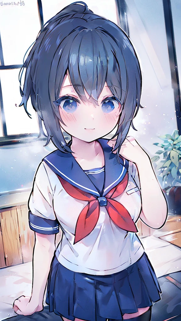 masterpiece, best quality, mature female, solo, 1girl, ayano, black_hair,  grey_eyes,  ponytail, school_uniform, thighhighs, looking at viewer, delicate, light smile,  serafuku, blue sailor collar, white sailor shirt, red neckerchief, short sleeves, blue pleated skirt, black shoes,  delicate, ethereal, beautiful, skirt,short sleeves,looking at viewer, high-definition,masterpiece,best quality, masterpiece, best quality, high resolution, aabeta, double, standing, slim waist, cute, sailor uniform, close up selfie with peace pose (PastelColors: 1.3), white simple backhround