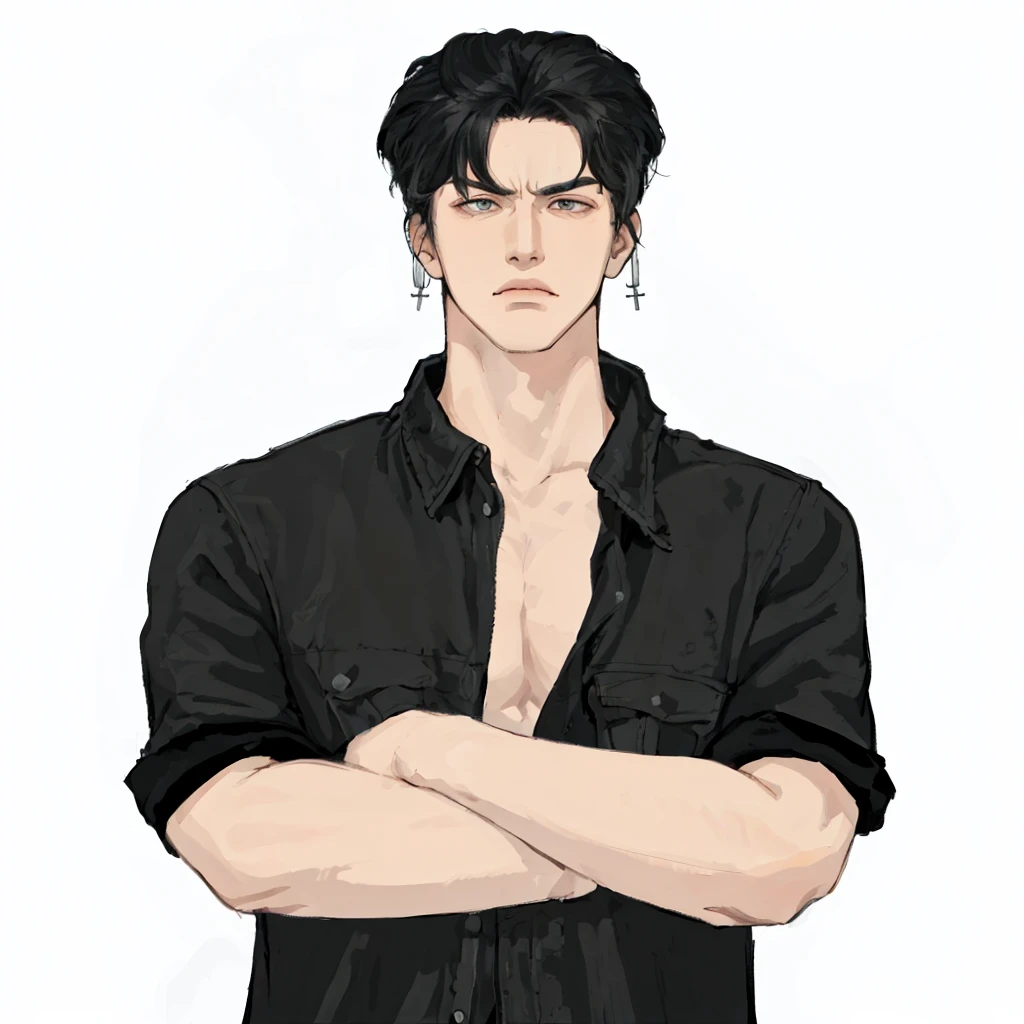 (masterpiece:1.2, best quality), (1men, solo, upper body:1.2),angry face,Hair: buzz cut,Clothing: oversized, distressed denim jacket with patches and pins, paired with black skinny jeans and combat boots, Hanging out in an underground music venue or street art exhibit