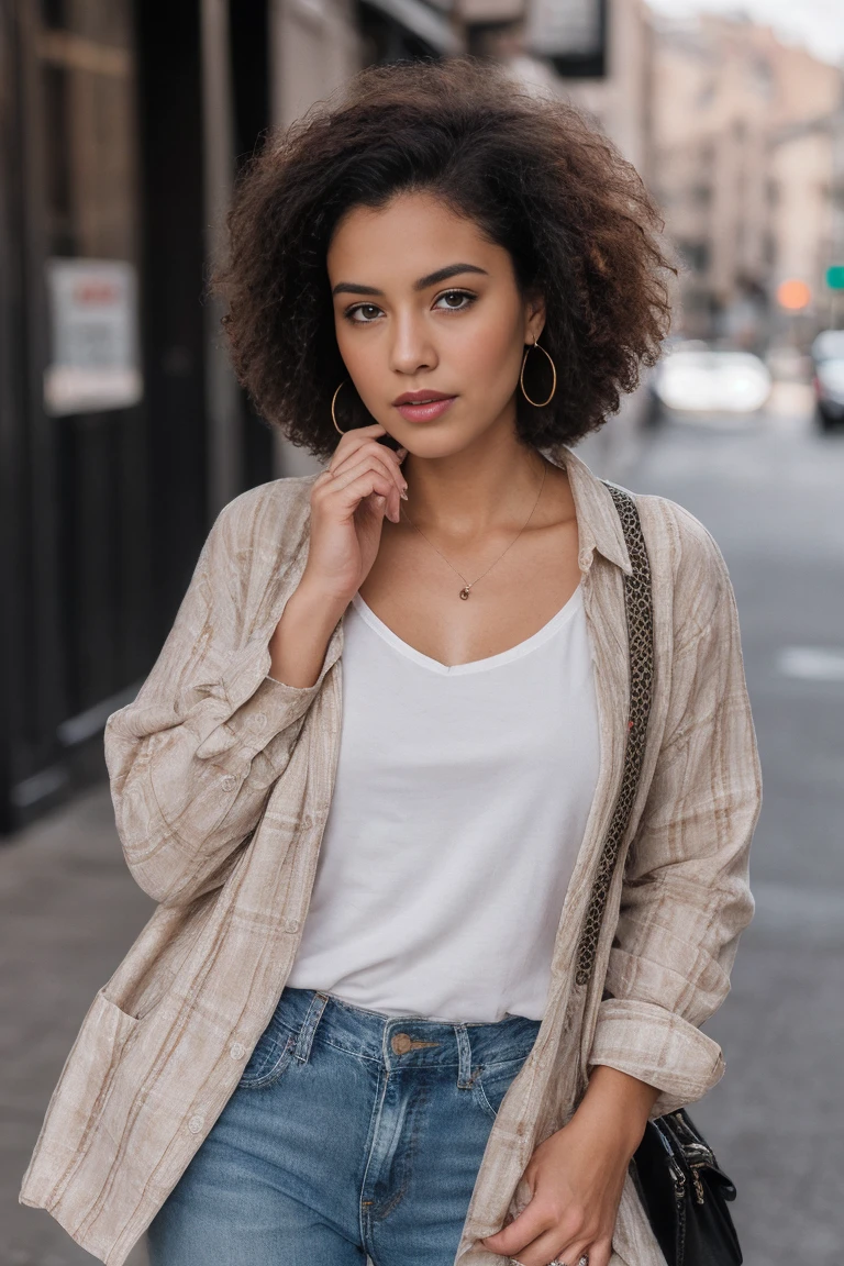 best qualityer, 8k, 32K, master piece, uhd:1 photograph (disturbed facial expression), texturized skin, shiver, afro blonde hair, beige flannel shirt with jeans (erotic pose, sensual face8k hd, dslr, high qualiy , CRU photo, photography realistic , halfbody, Fujifilm XT3, Canon R5, Handsome man 57 years old , citys, social shirt.