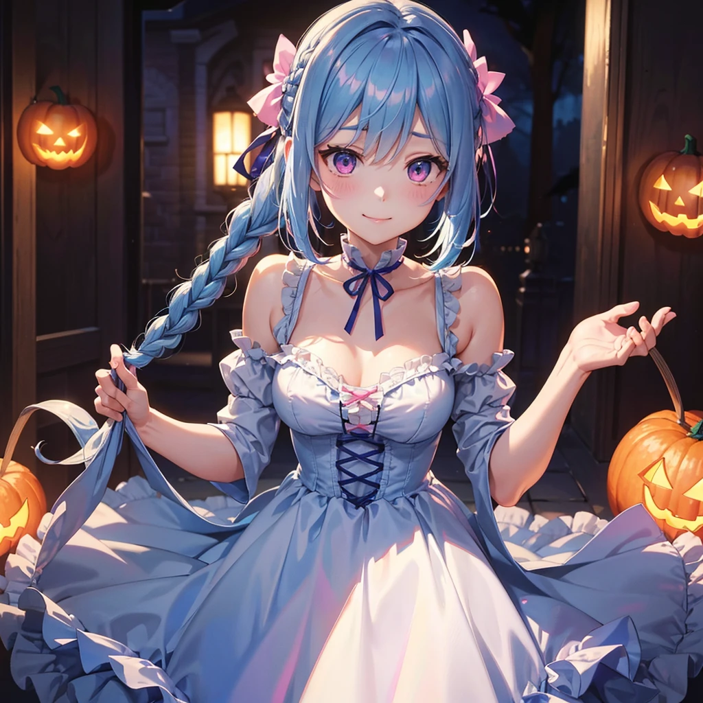 (Light blue medium hair),(Braided hair tied together)、Pink eyes、Fair skin、cowboy shot、Halloween、The background is a pumpkin ghost、Trick or Treat、A lot of sweets、witch、Halloweenナイトパーティー、Candy、Cosplay、A surprising smile、A dignified figure、solo、(masterpiece、Highest quality、Very detailed、Best Shadow)、(Detailed Background)、(Beautifully detailed face)、High contrast、(Best lighting、Very delicate and beautiful)、(Cinematic Light)、colorful、Hyper Detail、Dramatic Light、Exquisite detail、