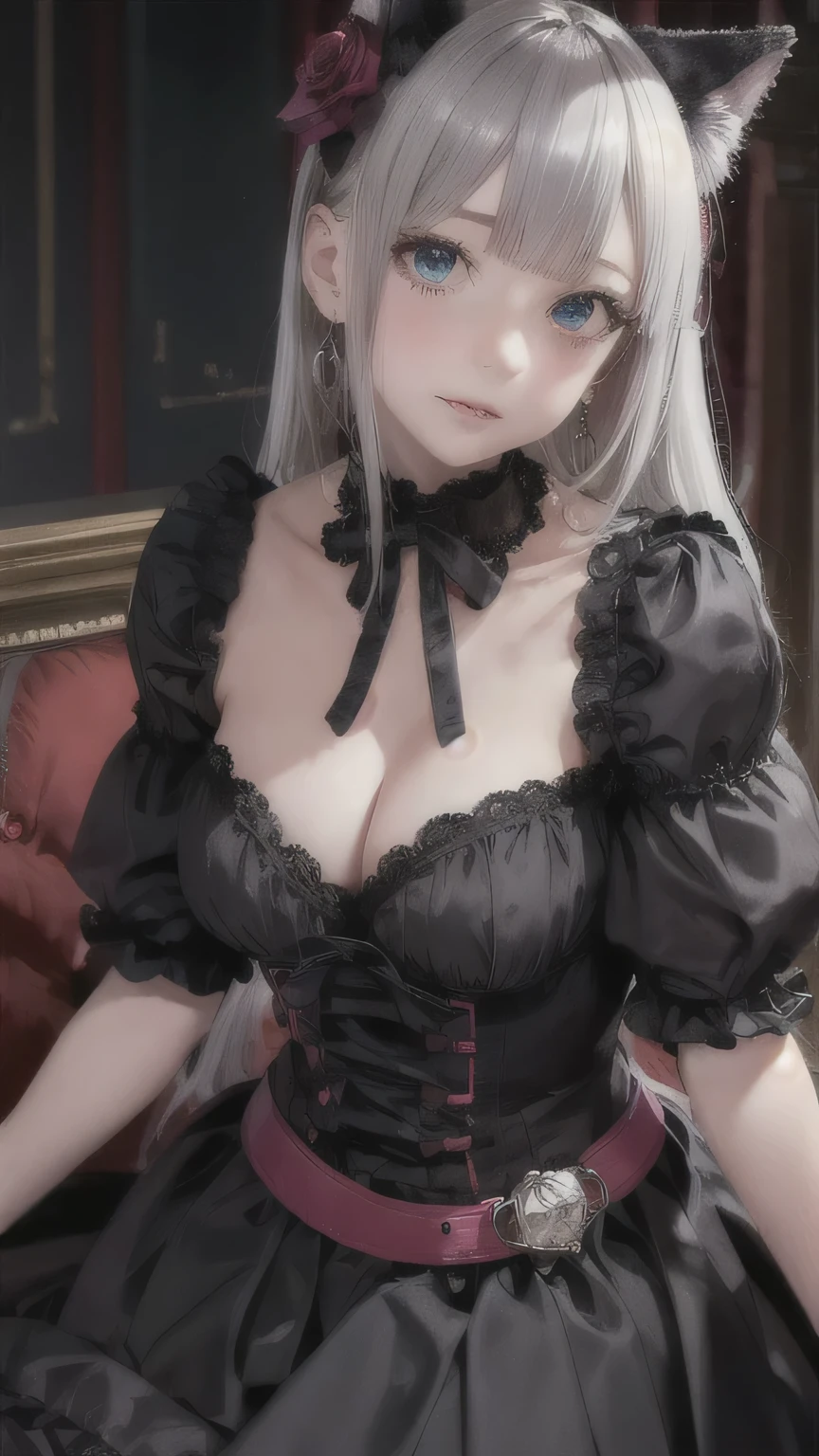 One girl, Multicolored Hair, (Black and gray hair),Mullet, Wolf,black gothic dress,Detailed eyes,Heterochromia iridis,Realistic,