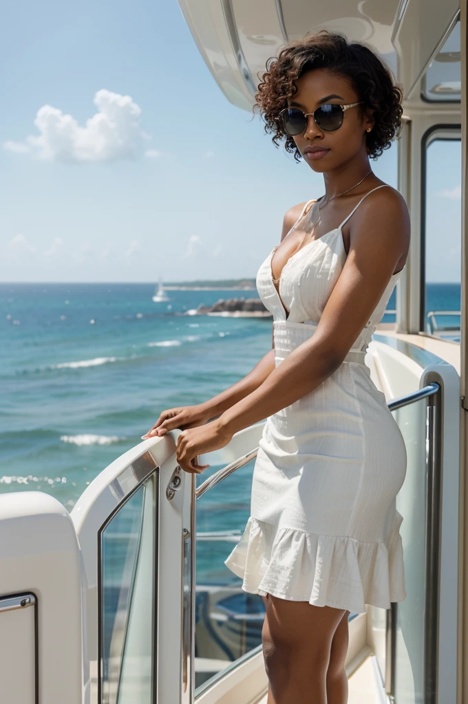 "Creates an image of a mixed-skin African American woman with short curly hair, posing on a luxury yacht. She is wearing a white summer dress and sunglasses, standing near the railing with the sea and the blue sky in the background She is holding a glass of champagne and looking into the distance with a dreamy expression.