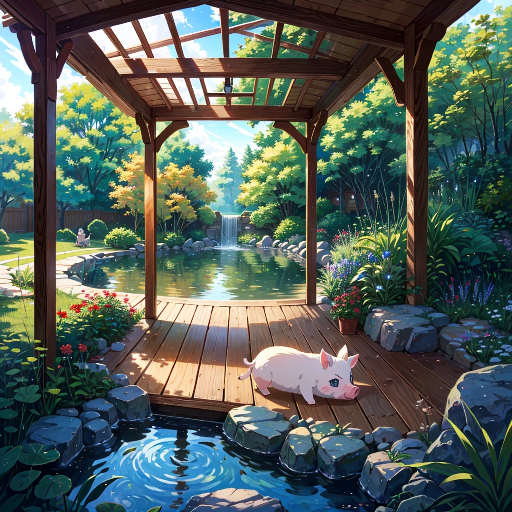 Masterpiece, highest quality, high resolution background, bright and beautiful atmosphere, 3 girls (2 years old, 1 short-tempered round face), 1 (hair, surface effects), small breasts, girl sitting on the veranda, on the veranda There are dumplings and tea, there is a beautiful pond in the garden, a mini-pig lying face down on the veranda, a mini-pig hiding in the back of the room, "deltamon_sdXL :0.73) >Deltamon"