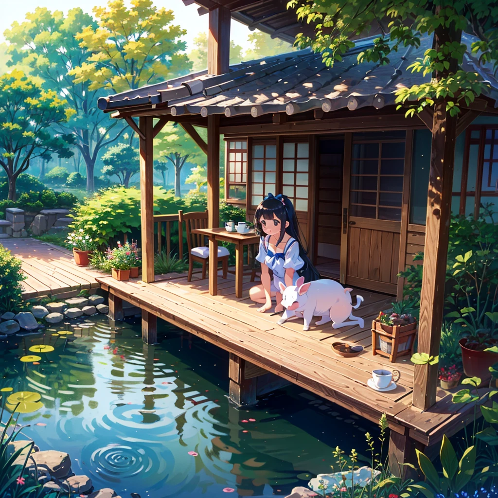 Masterpiece, highest quality, high resolution background, bright and beautiful atmosphere, 3 girls (2 years old, 1 short-tempered round face), 1  (hair, surface effects), small breasts, girl sitting on the veranda, on the veranda There are dumplings and tea, there is a beautiful pond in the garden, a mini-pig lying face down on the veranda, a mini-pig hiding in the back of the room, "deltamon_sdXL :0.73) >Deltamon"
