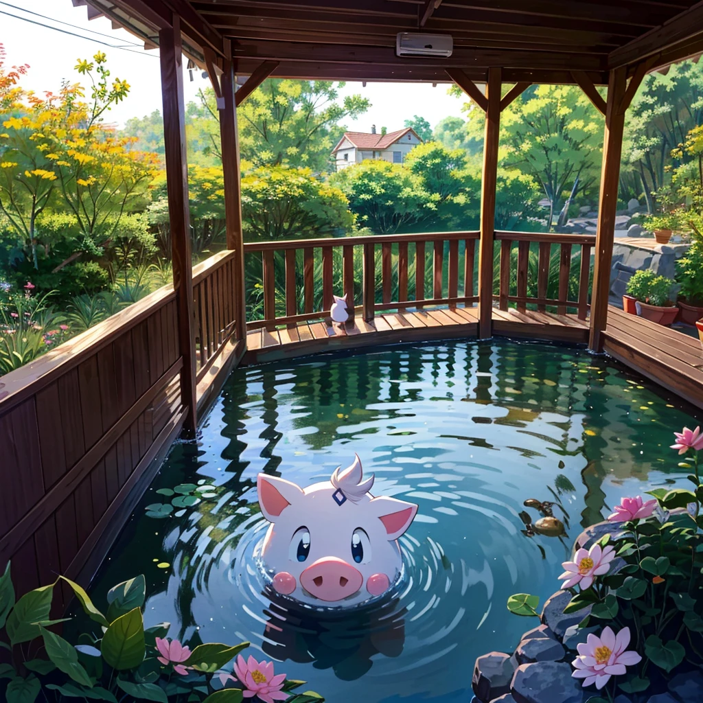Masterpiece, highest quality, high resolution background, bright and beautiful atmosphere, 3 girls (2 , 1 short-tempered round face), 1 (hair, surface effects), small breasts, girl sitting on the veranda, on the veranda There are dumplings and tea, there is a beautiful pond in the garden, a mini-pig lying face down on the veranda, a mini-pig hiding in the back of the room, "deltamon_sdXL :0.73) >Deltamon"