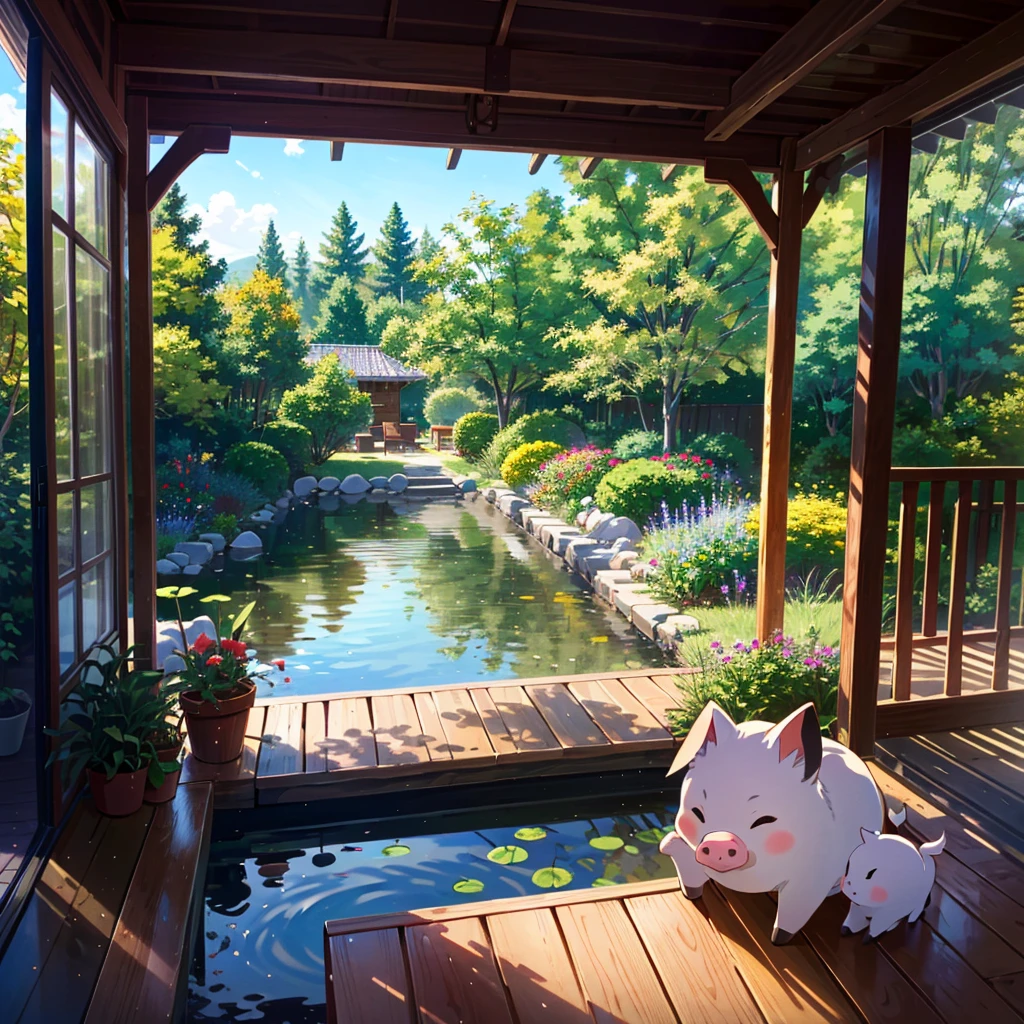 Masterpiece, highest quality, high resolution background, bright and beautiful atmosphere, 3 girls (2 years old, 1 short-tempered round face), 1 (hair, surface effects), small breasts, girl sitting on the veranda, on the veranda There are dumplings and tea, there is a beautiful pond in the garden, a mini-pig lying face down on the veranda, a mini-pig hiding in the back of the room, "deltamon_sdXL :0.73) >Deltamon"