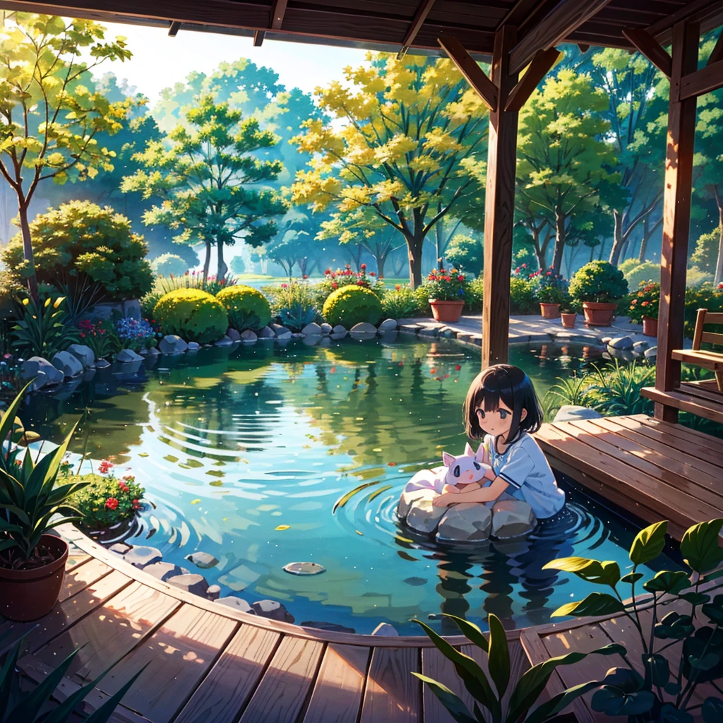Masterpiece, highest quality, high resolution background, bright and beautiful atmosphere, 3 girls (2 years old, 1 short-tempered round face), 1 (hair, surface effects), small breasts, girl sitting on the veranda, on the veranda There are dumplings and tea, there is a beautiful pond in the garden, a mini-pig lying face down on the veranda, a mini-pig hiding in the back of the room, "deltamon_sdXL :0.73) >Deltamon"