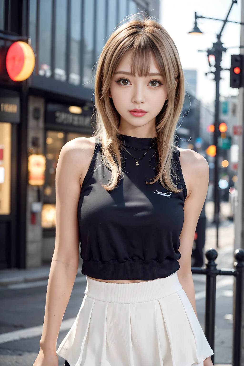 Generate a close-up image of a cute Japanese gal gazing at you with a seductive expression。She is wearing a sleeveless top and a tight mini skirt.、like々It emphasizes a stylish look.。Hair is a trendy color（For example, light brown or blonde）Dyed by、It has loose and playful waves.。The background is a vibrant urban setting featuring softly blurred colorful lights.、It highlights her features。The makeup is perfect and in line with the latest trends.、Particular emphasis is placed on the eyes and lips to bring out her charm.。Confident、She has a slightly mysterious look、It exudes charm and playfulness.。The sleeveless top and mini skirt fit her perfectly.、Showing off her curves and fashionable style、Make sure to keep the look modern and attractive。