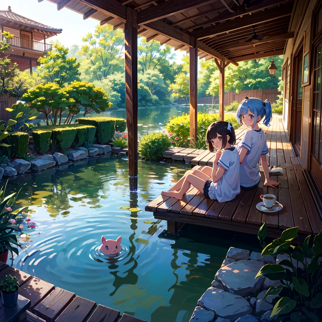 Masterpiece, highest quality, high resolution background, bright and beautiful atmosphere, 3 girls (2 years old, 1 short-tempered round face), 1  (hair, surface effects), small breasts, girl sitting on the veranda, on the veranda There are dumplings and tea, there is a beautiful pond in the garden, a mini-pig lying face down on the veranda, a mini-pig hiding in the back of the room, "deltamon_sdXL :0.73) >Deltamon"