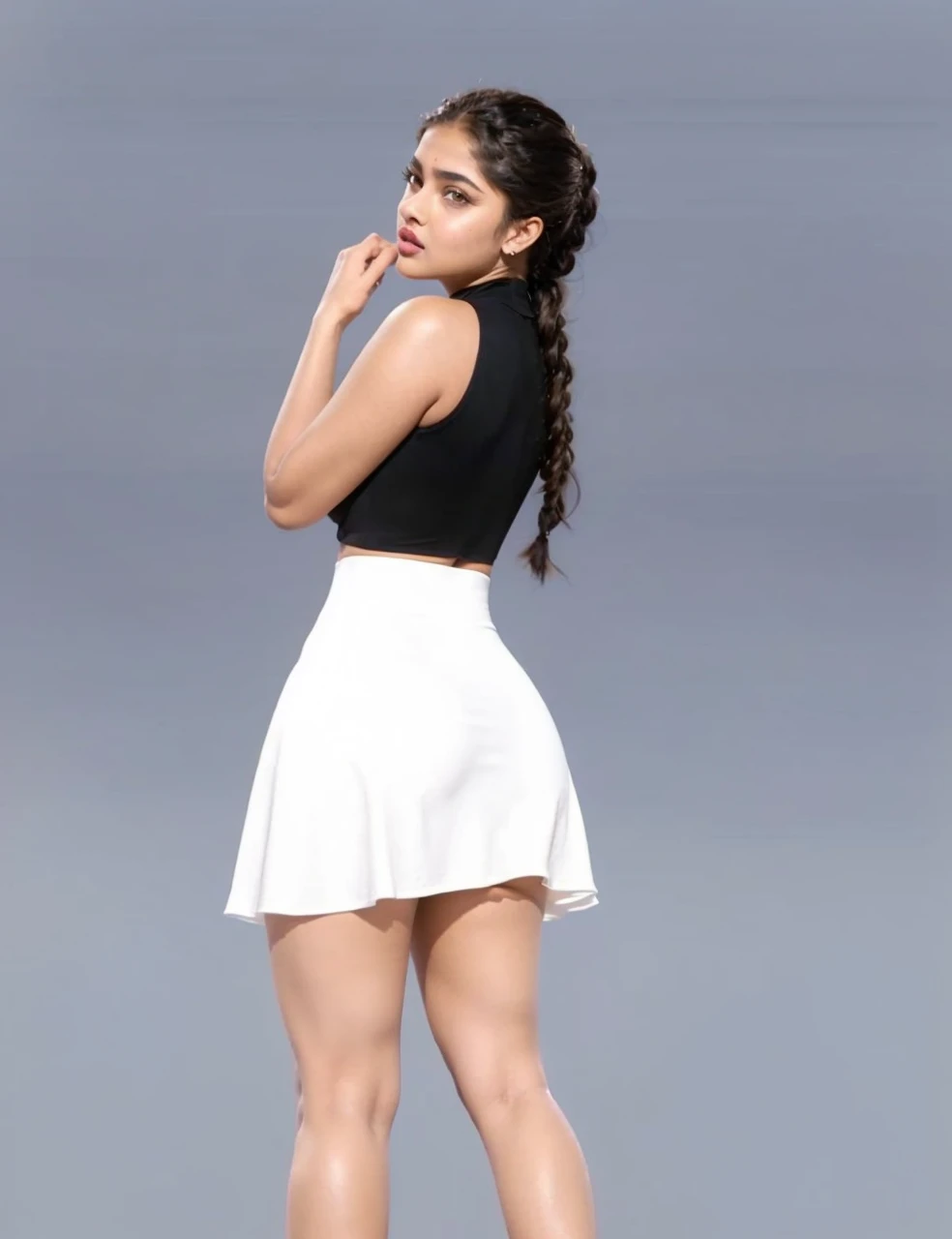 Back view, ((Beautiful girl, Odeya Rush, Becky G, maitreyi ramakrishnan, Priyanka Chopra, 18 years)), wearing black cotton-lycra turtleneck crop top and plain white miniskirt, grey studio background, (HDR, 8K, vivid, vibrant, detailed: 1.4), (hyper realistic, movie graphics)
